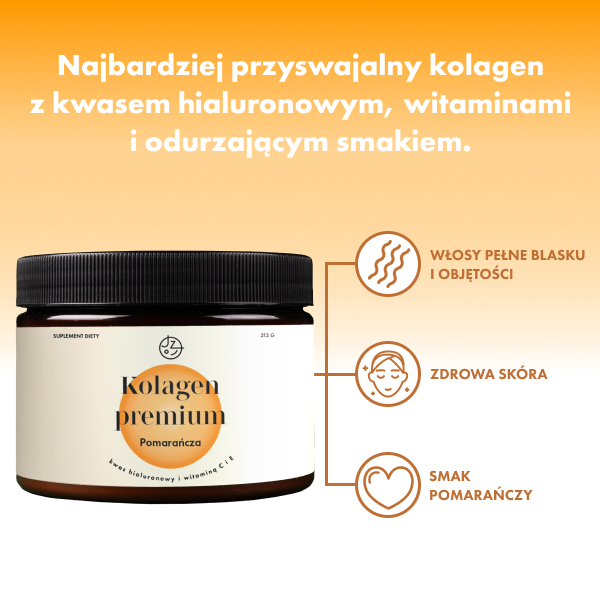 Kolagen premium z kwasem hialuronowym i witaminą C i E (smak pomarańczowy)